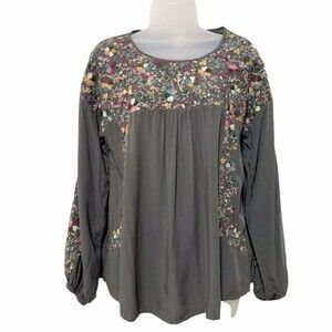 Savanna Jane Floral Embroidered Olive Green Long Sleeve Boho Top Small